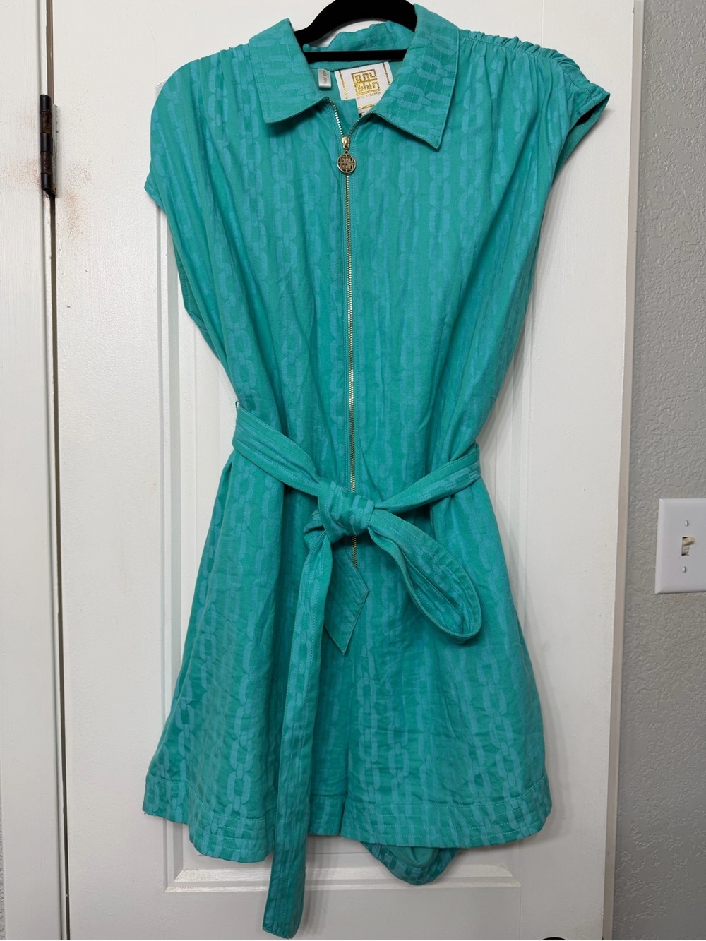 Emily McCarthy Teal Romper with Tie Belt